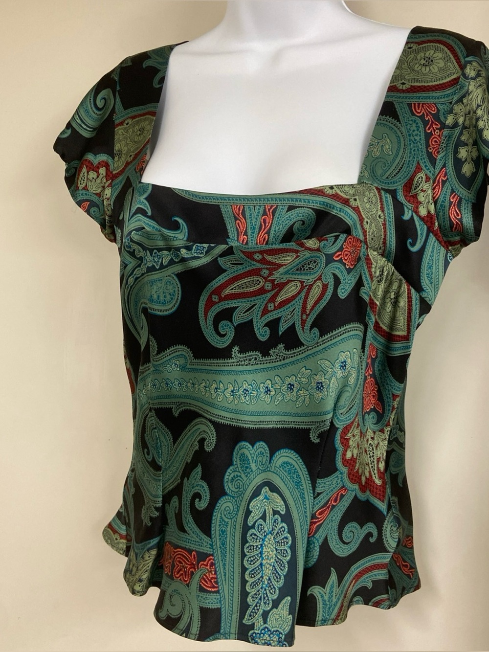 Etro Black Paisley Square-Neck Blouse with Teal and Red Accents